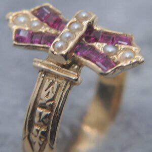 14KY Gold Ruby Pearl Antique Early Edwardian Ring